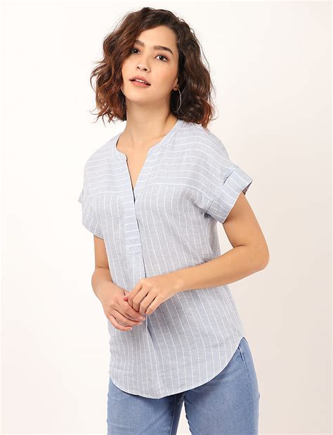 Buy Linen Mix Striped Mandarin Collar Top at Marks & Spencer