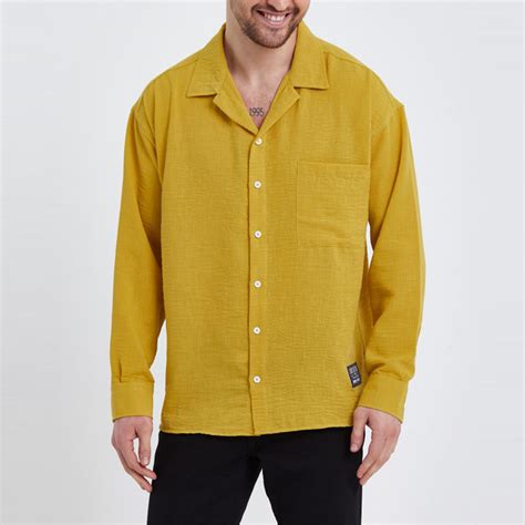 Linen Notched Collar Button-Up Shirt // Yellow (L) - Quik Max Long ...