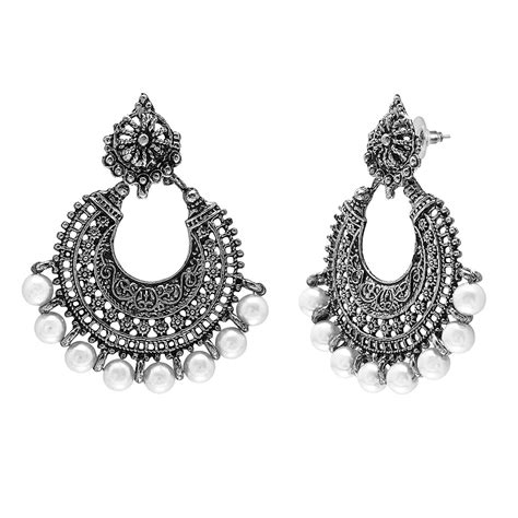 Antique Silver Traditional Hyderabadi Chandbali Earring With Pearls (S ...