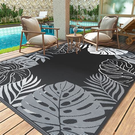 SIXHOME Waterproof Outdoor Rug 8x10, Reversible, Tropical Palm Pattern ...