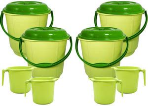 Wonder Plastic Bucket Set, 4 pc Bucket 16 L With Lid & Mug 1 L, Green ...