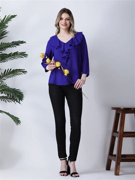 Blue ruffle neck top