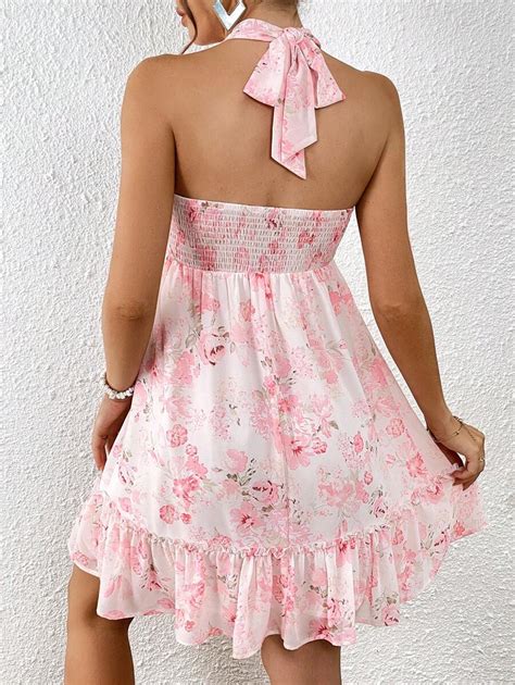 SHEIN VCAY Floral Print Halter Neck Backless Ruched Bust Ruffle Hem ...