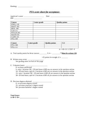 Pta Score Sheet for Acceptance Doc Template | pdfFiller