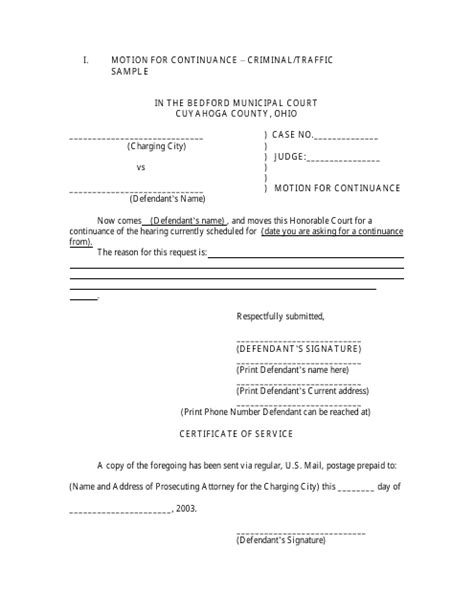 2003 Cuyahoga County, Ohio Sample Motion for Continuance - Criminal ...