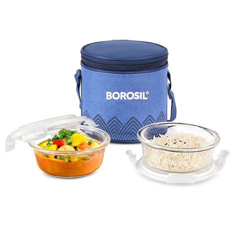 Borosil Borosil Mealbox Blue Glass Lunchbox, Round x 2 (Tall)