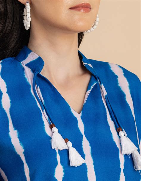 Raglan Sleeves Band Collar Printed Rayon Dress - Moomaya