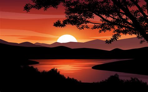 Silhouette of forest and river with sunset background 9432545 Vector ...