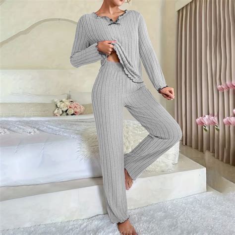 Aobny Womens Pjs Set Gray Sleepwear 2 Piece Cooling Striped T-shirt ...