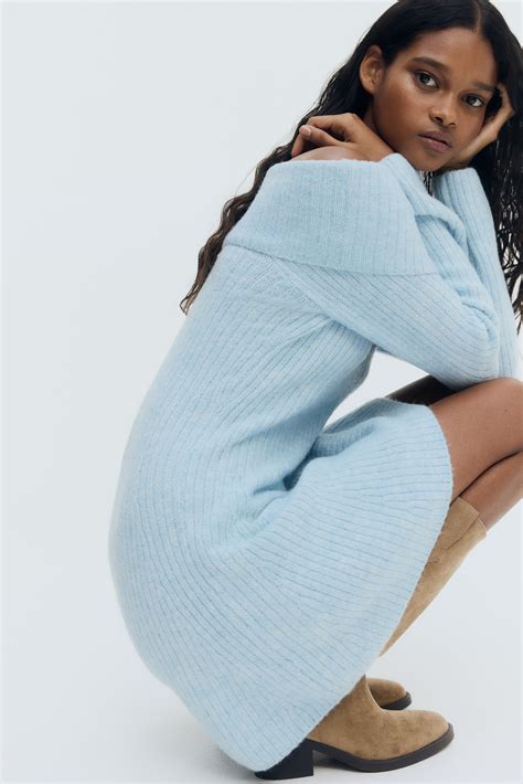 Women's Light blue marl Rib-knit off-the-shoulder dress | H&M IN