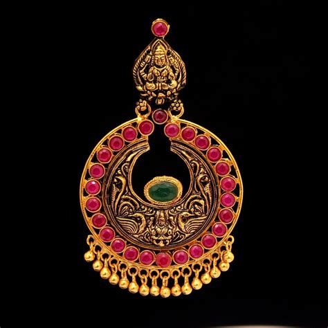 GOLD PLATED LAKSHMI RED AND GREEN CORUNDUM CHANDBALI EARRINGS