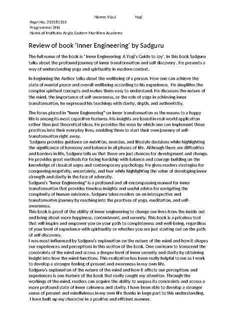 Book review by Shairryal Abbasi - Name: Vipul Yogi Regn No. 232181315 ...