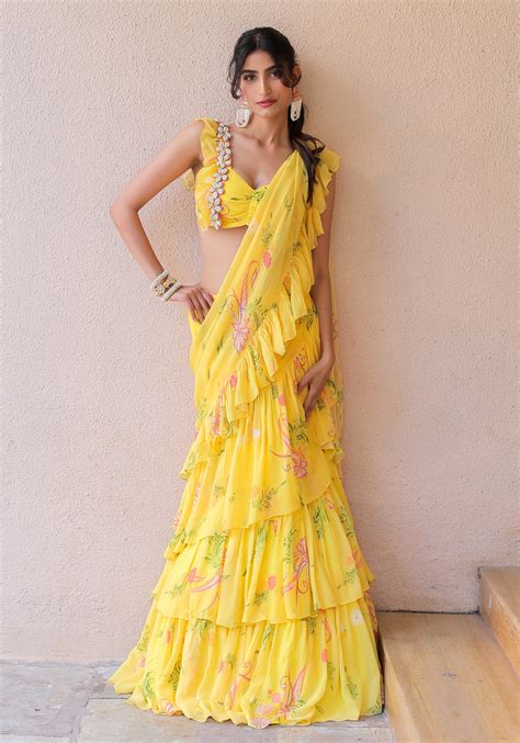 Yellow printed Ruffle Saree Set – AGASHE