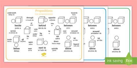 Prepositions Word Mat - English / Spanish - Prepositions Word Mat