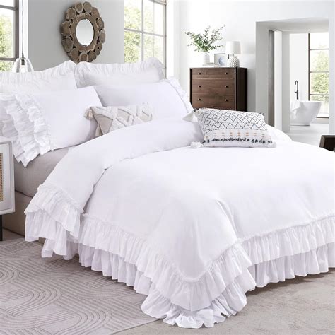 Amazon.com: QSH Ruffle White Duvet Cover Queen Size -Washed Cotton ...