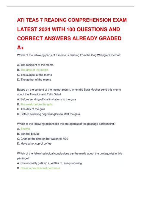 ATI TEAS 7 READING COMPREHENSION EXAM LATEST 2024 WITH 100 QUESTIONS ...
