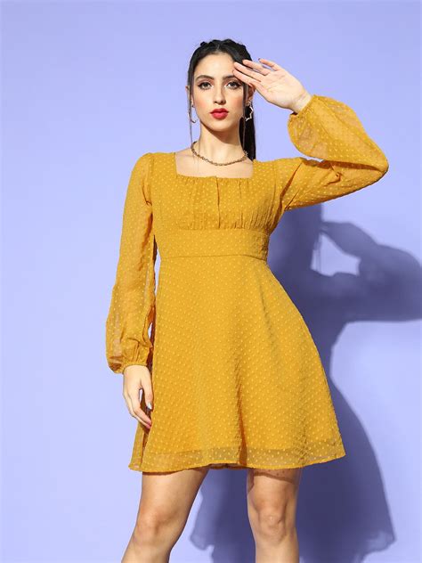 Women Solid Mustard Yellow Dobby Weave Square Neck Pleated Fit & Flare ...