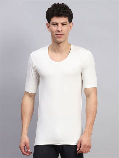 Buy Men White Solid Round Neck Half Sleeve Thermal Vest Online in India ...