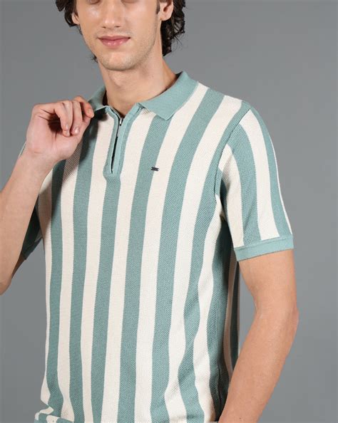 IDENTITI Mint Green Half Sleeve Striped Slim Fit Cotton Casual Polo T-
