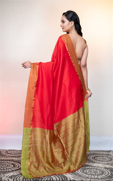 Red Kanjivaram soft silk saree with golden stripe pallu and border – Boveee