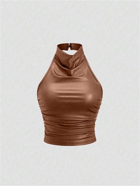 Sweetra Women Coated Pleated Mock Neck Solid Color Tank Top, Versatile ...