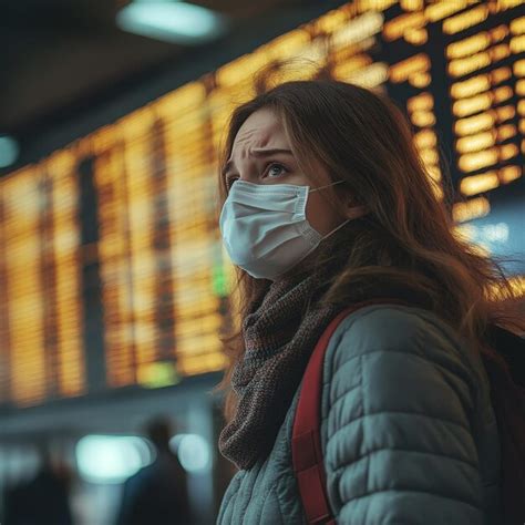 Young woman at airport wearing a mask and checking flight information ...