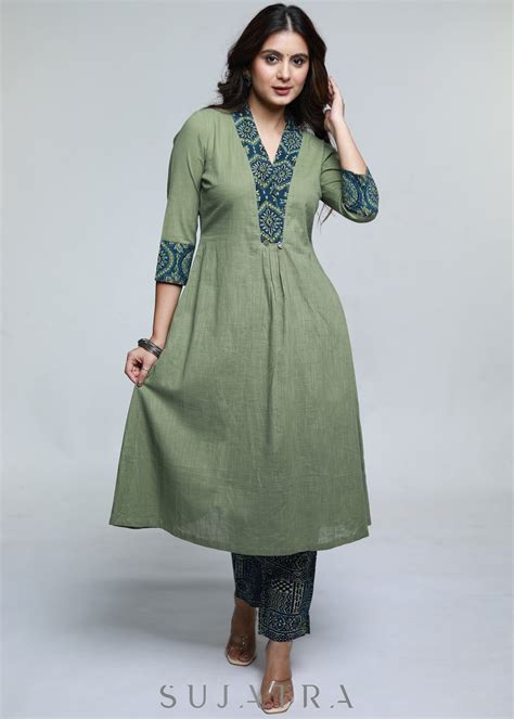 Pista Colour Cotton A-Line Kurta with Ajrakh Combination-Pant Optional ...