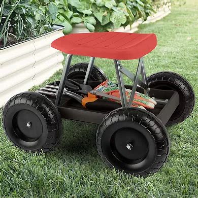 Pure Garden Red Rolling Gardening Seat Stool with Tool Tray
