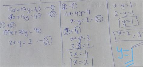 If 13x+17y=43 and 17x+13y=47 then x+y=___________ * 2 points - Brainly.in