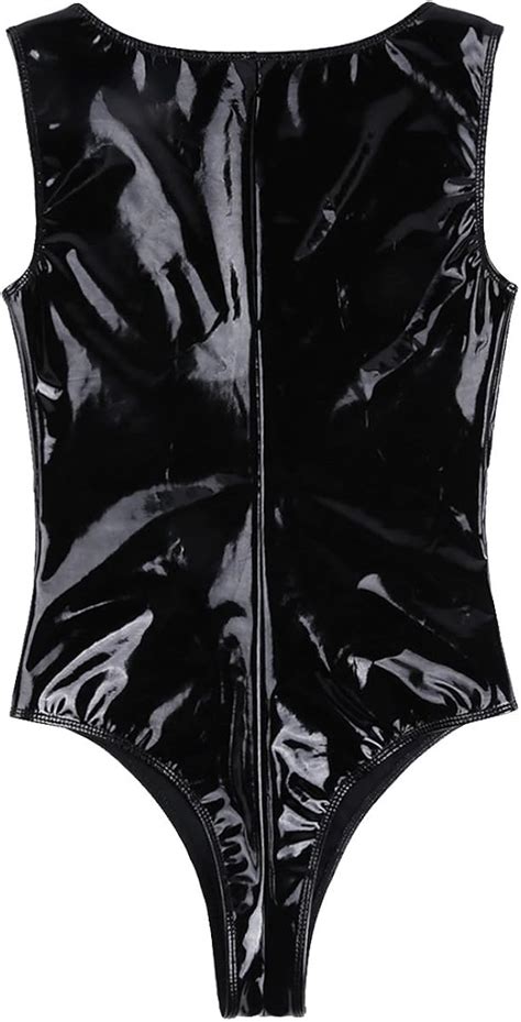 Buy ACSUSS Women's PVC Wet Look Leather Bodysuit Thong Zipper Front ...