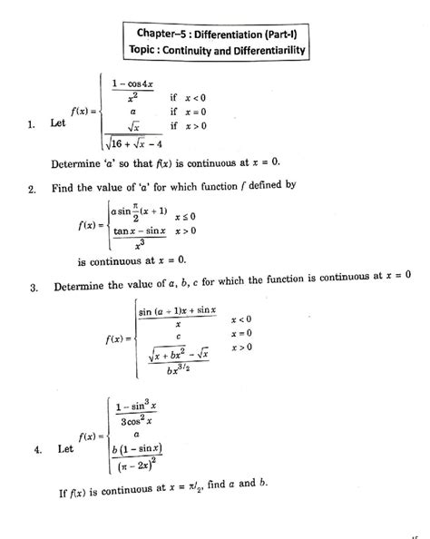 Chapter: Continuity and Differentiability Practice Sheet - Studocu