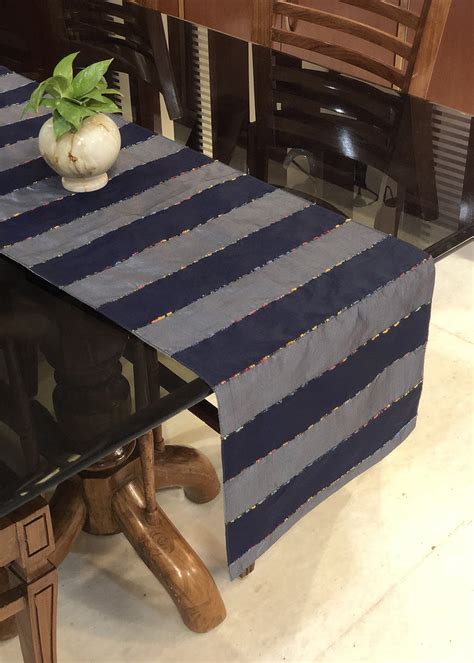 Get Grey & Navy Stripe Tafeta Table Runner at ₹ 899 | LBB Shop
