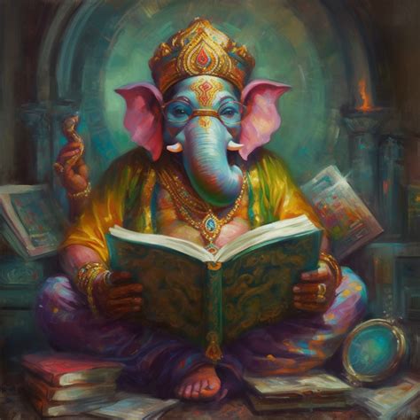 Print of Vibrant Enlightenment: Oil Painting of Lord Ganesha Reading w