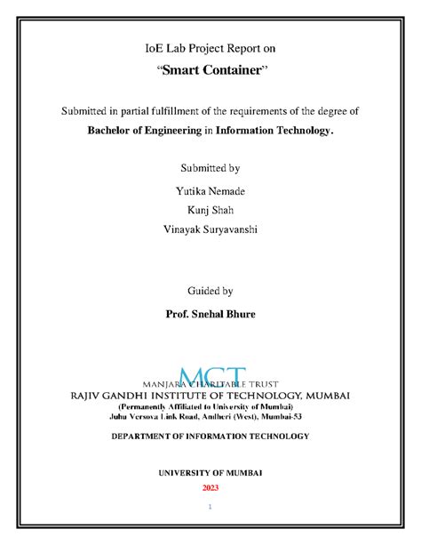 IOE LAB Report - IoE Lab Project Report on “Smart Container” Submitted ...