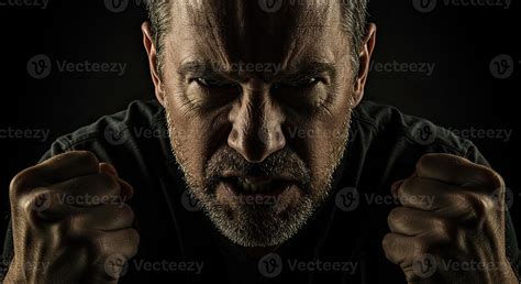 Angry middle-aged man shows rage with clenched fists and intense stare ...