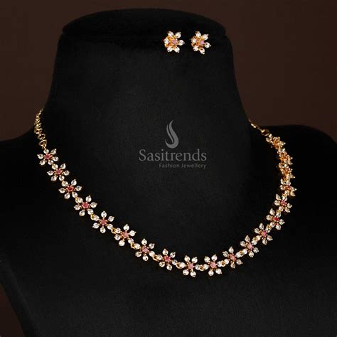 Micro Gold Floral American Diamond Necklace Jewellery Set - Sasitrends