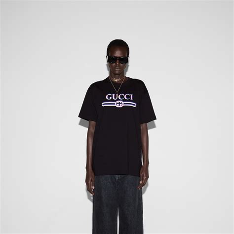 Printed cotton jersey T-shirt in black | GUCCI® US