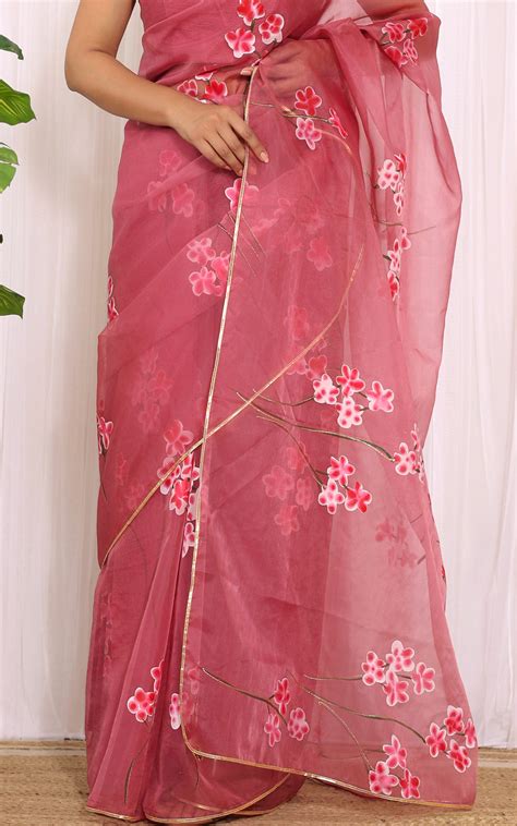 Onion Pink Handpainted Organza Saree