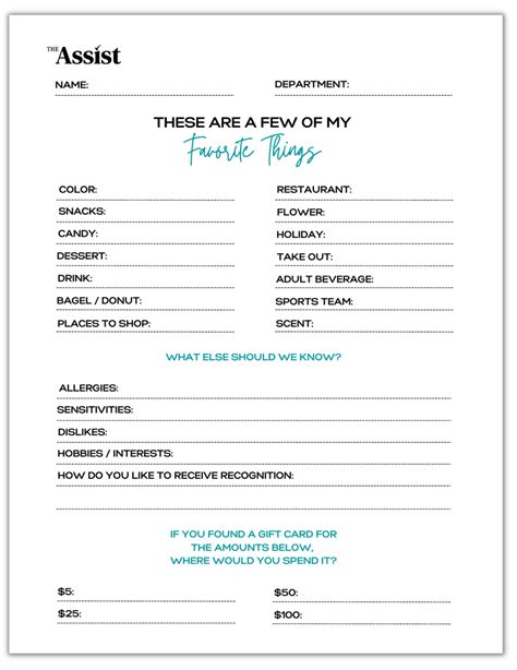 Staff Favorites Printable Employee Favorite Things List - prntbl ...