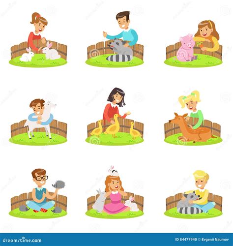 Children Petting the Small Animals in Petting Zoo Set of Cartoon ...