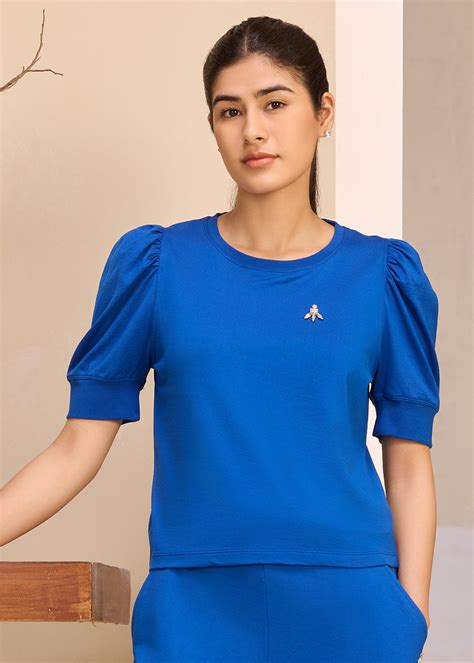 Shop Trendy Cool Summer Pouf Sleeve Tops in Blue | ALONGE