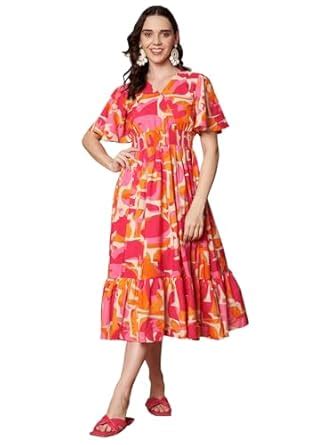 Buy OTABU | Dress for Women | Abstract Print Midi | V-Neck | Short ...