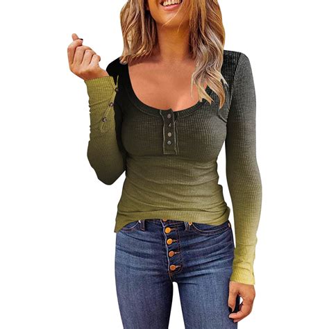 Women's Gradient Top Slim Long Sleeve Hole Striped Low Neck Buttoned T ...