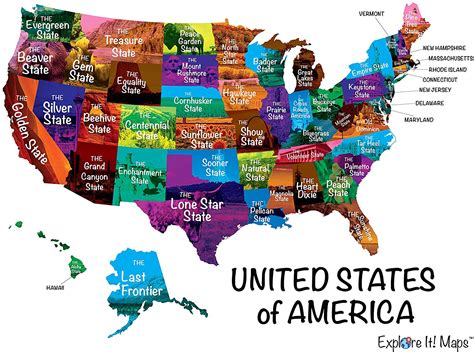United States Nicknames Poster Map United States Of America With State