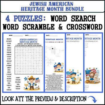 JEWISH AMERICAN HERITAGE MONTH bundle - word search & scramble & crossword
