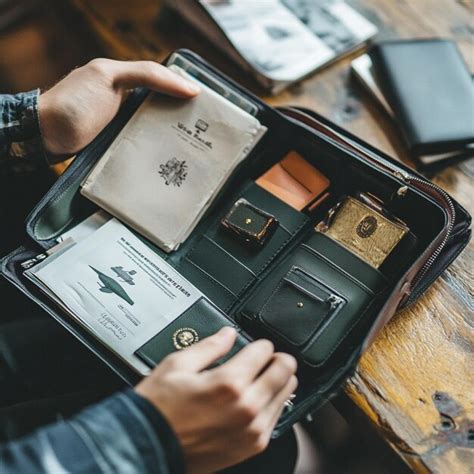 Traveler organizing travel safety contacts and emergency communication documents