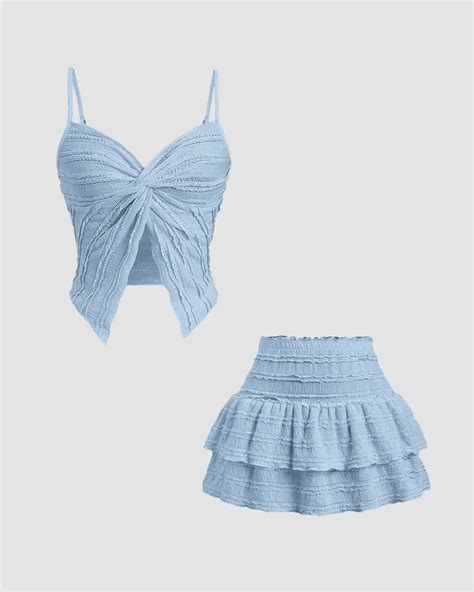 Tiered Mini Skirt Co-Ord Set in Dusty Blue - Littlebox India