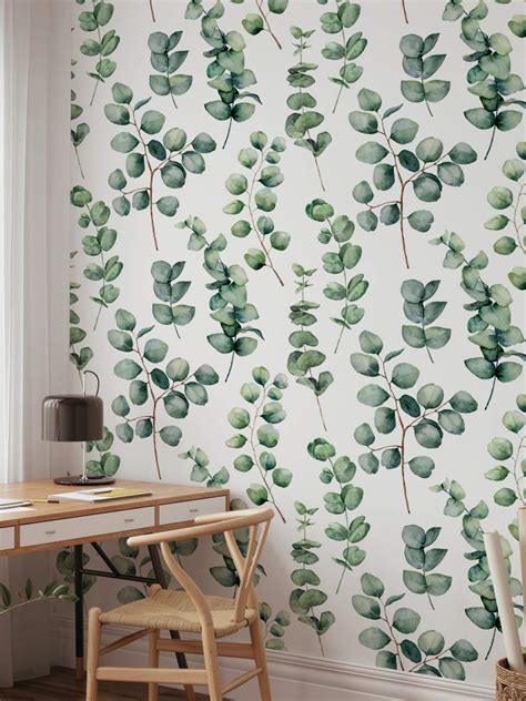 Watercolour Eucalyptus Leaves and Branches Wallpaper Roll – Home Decoram