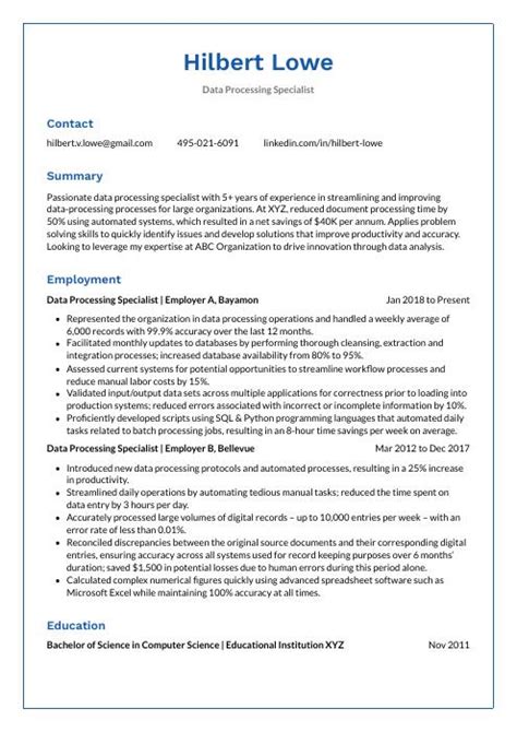 Image result for Data Processing Resume Examples