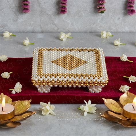 Beautiful White & Golden Pearl Chowki for Idols